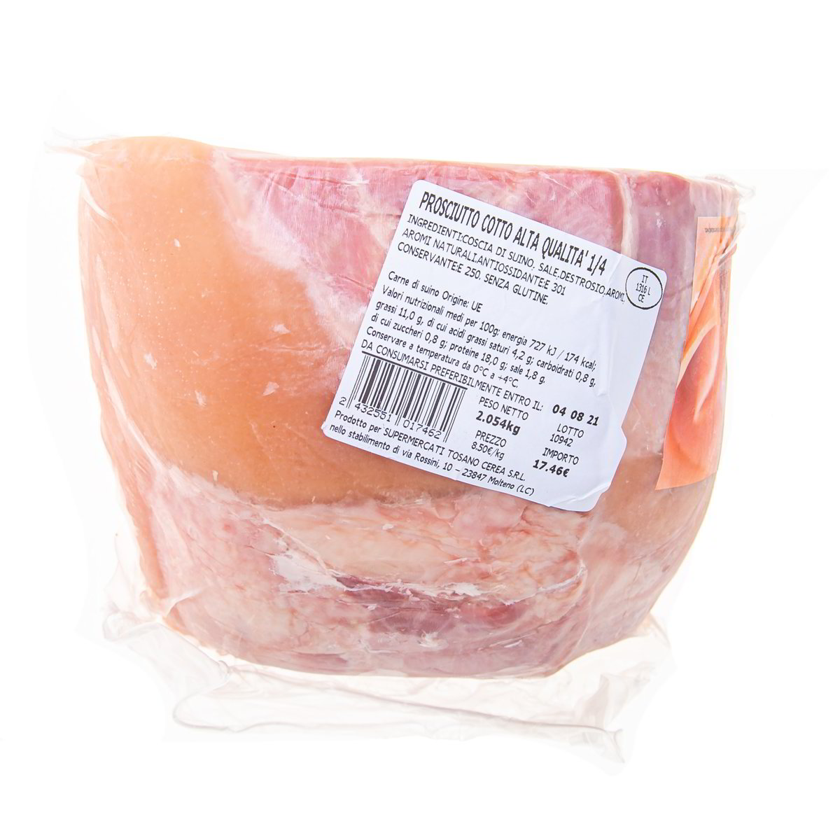 PROSCIUTTO COTTO ALTA QUALITA'1/4 kg 2,1 - Pacco singolo
