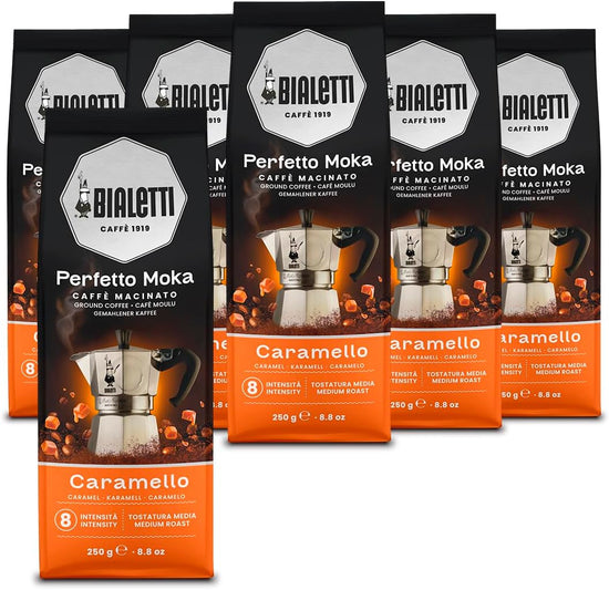 Bialetti Perfetto Moka Caffè Macinato, 1.5 Kg, gusto Caramello pacco da 6 x 250 g (Totale 1,5 KG)