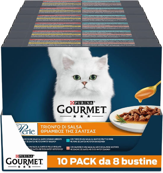 Purina Gourmet Perle Triumph of Salsa Wet Cat Food with Beef, Chicken, Salmon and Tuna, 80 85g Sachets 