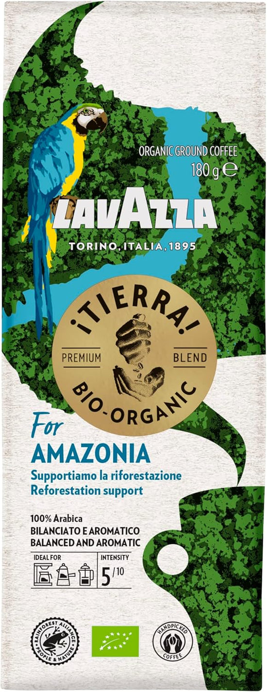 Lavazza, ¡Tierra! For Amazonia, Caffè Macinato, 6 Confezioni da 180 g, Ideale per Moka, con Note di Cioccolato, Caffè Biologico Arabica e Robusta e Raccolto a Mano, Intensità 7/10, Tostatura Media