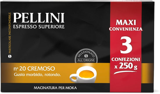 Pellini N.20 Cremoso, Caffè Macinato per Moka dal Gusto Equilibrato e Rotondo, Miscele Arabica e Robusta a Tostatura Media, 6 Confezioni da 250g