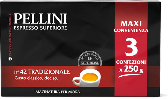 Pellini N.42 Tradizionale, Caffè Macinato per Moka dal Gusto Vigoroso e Intenso, Miscele Arabica e Robusta a Tostatura Decisa, 6 Confezioni da 250g