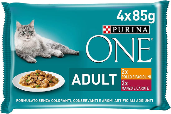 Purina One Adult Cats Chicken and Green Beans, Beef and Carrots Fillets in Sauce, 48 x 85 g Bags 