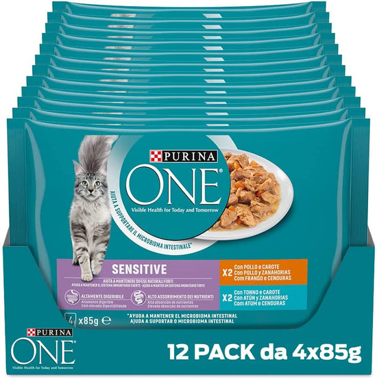 Purina One Sensitive Wet Cat Food Chicken and Carrots and Tuna and Carrots, 48 ​​85g Pouches 