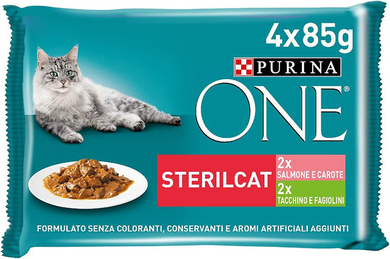 Purina One Fillets in Sauce Wet Food for Sterilized Cats with Salmon and Carrots, with Turkey and Green Beans, 48 ​​85g Pouches 
