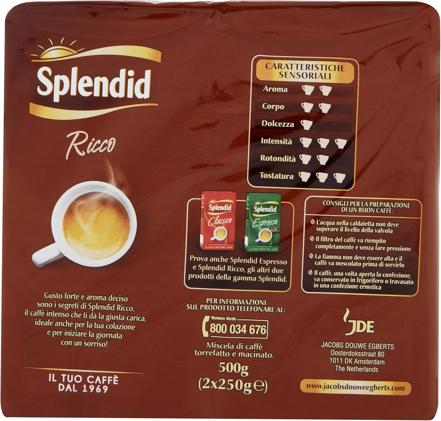 Splendid - Caffè Macinato Gusto Ricco - Miscela Caffè per Moka - 8 confezioni Bipack da 250 gr (Totale 4 Kg)