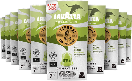 Lavazza, ¡Tierra! For Planet, 100 Capsule di Caffè in Alluminio Compatibili con Macchine Nespresso Original, con Note Fruttate, 100% Arabica, Intensità 7/13, Tostatura Media, 10 Pack da 10 Capsule